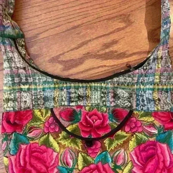 Tapestry Floral Embroidered Boho Ethnic Plaid Hobo Purse Slouchy Shoulder Bag - Picture 4 of 11